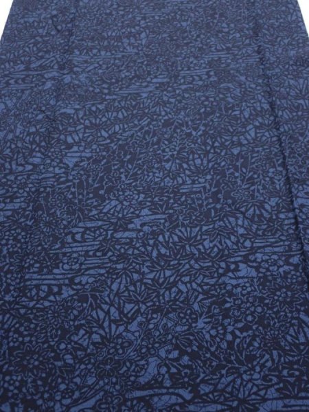 Photo1: 3H04z90  Japanese Kimono Silk  FABRIC Flowers Indigo 64.6x14.8 (1)