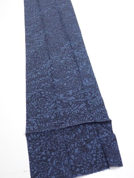 Photo2: 3H09z50  Japanese Kimono Silk  FABRIC Flowers Indigo 66.9x7.3 (2)