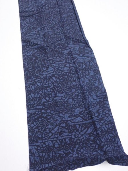 Photo3: 3H10z30  Japanese Kimono Silk  FABRIC Flowers Indigo 35.4x7.3 (3)