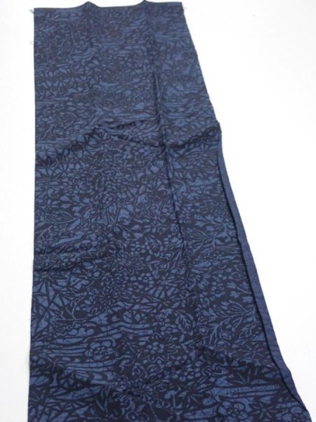 Photo4: 3H10z30  Japanese Kimono Silk  FABRIC Flowers Indigo 35.4x7.3 (4)
