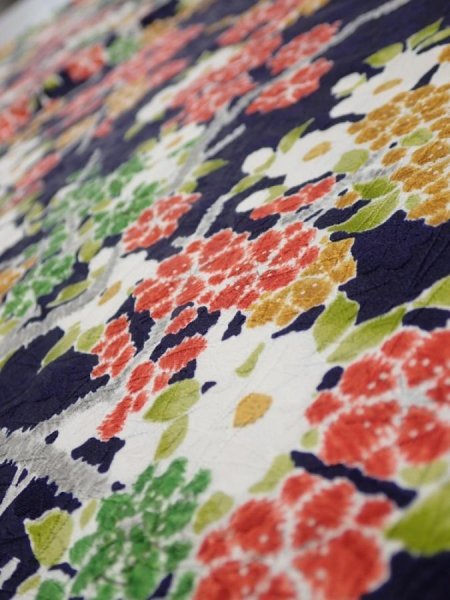 Photo4: 3H01z60  Japanese Kimono Silk  FABRIC Plum branch Dark navy 42.1x14.0 (4)