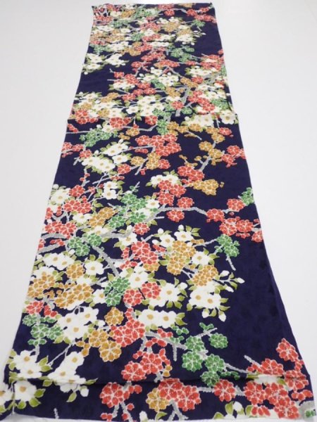 Photo5: 3H01z60  Japanese Kimono Silk  FABRIC Plum branch Dark navy 42.1x14.0 (5)