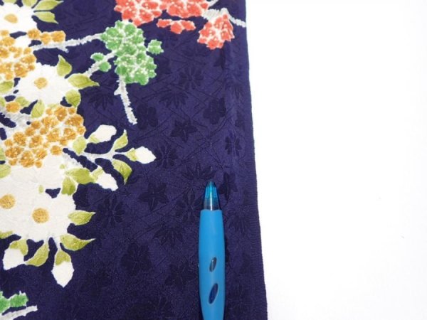 Photo6: 3H01z60  Japanese Kimono Silk  FABRIC Plum branch Dark navy 42.1x14.0 (6)