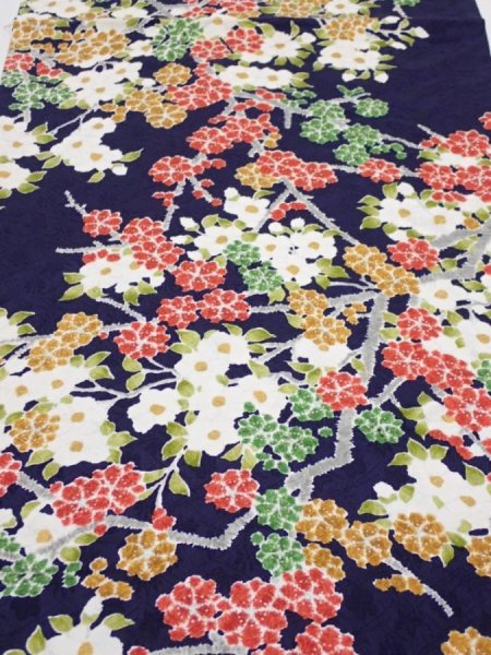 Photo1: 3H02z60  Japanese Kimono Silk  FABRIC Plum branch Dark navy 42.5x14.0 (1)