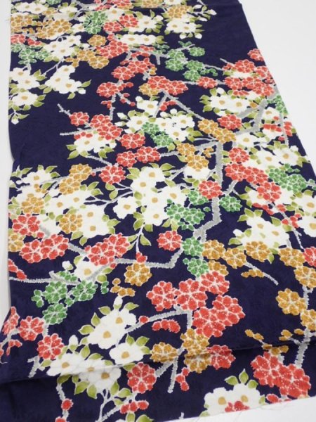Photo2: 3H02z60  Japanese Kimono Silk  FABRIC Plum branch Dark navy 42.5x14.0 (2)