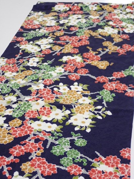 Photo3: 3H02z60  Japanese Kimono Silk  FABRIC Plum branch Dark navy 42.5x14.0 (3)