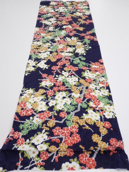 Photo5: 3H02z60  Japanese Kimono Silk  FABRIC Plum branch Dark navy 42.5x14.0 (5)