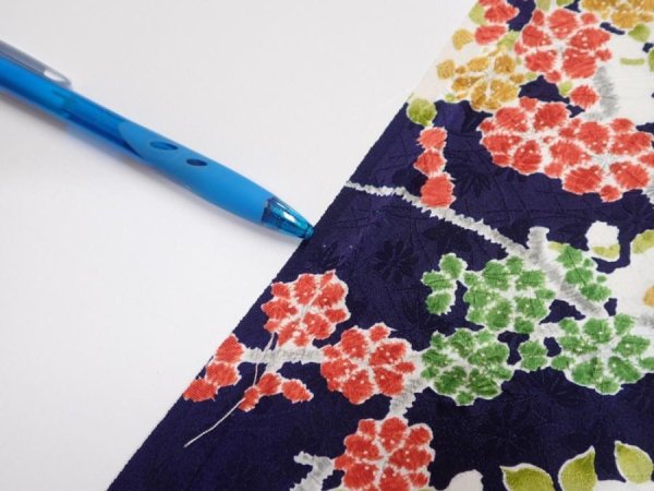 Photo7: 3H02z60  Japanese Kimono Silk  FABRIC Plum branch Dark navy 42.5x14.0 (7)