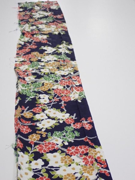 Photo3: 3H07z50  Japanese Kimono Silk  FABRIC Plum branch Dark navy 57.5x7.5 (3)
