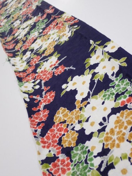 Photo1: 3H08z50  Japanese Kimono Silk  FABRIC Plum branch Dark navy 57.5x7.5 (1)