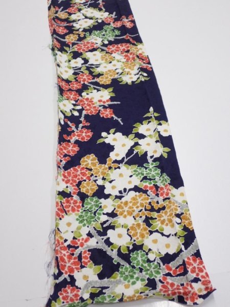 Photo2: 3H08z50  Japanese Kimono Silk  FABRIC Plum branch Dark navy 57.5x7.5 (2)