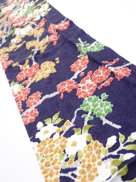 Photo2: 3H10z30  Japanese Kimono Silk  FABRIC Plum branch Dark navy 35.0x6.5 (2)