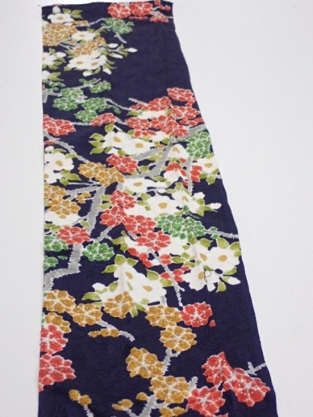 Photo3: 3H10z30  Japanese Kimono Silk  FABRIC Plum branch Dark navy 35.0x6.5 (3)