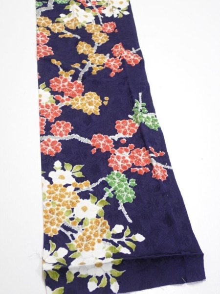 Photo4: 3H10z30  Japanese Kimono Silk  FABRIC Plum branch Dark navy 35.0x6.5 (4)