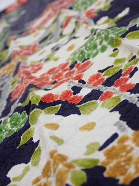 Photo5: 3H10z30  Japanese Kimono Silk  FABRIC Plum branch Dark navy 35.0x6.5 (5)