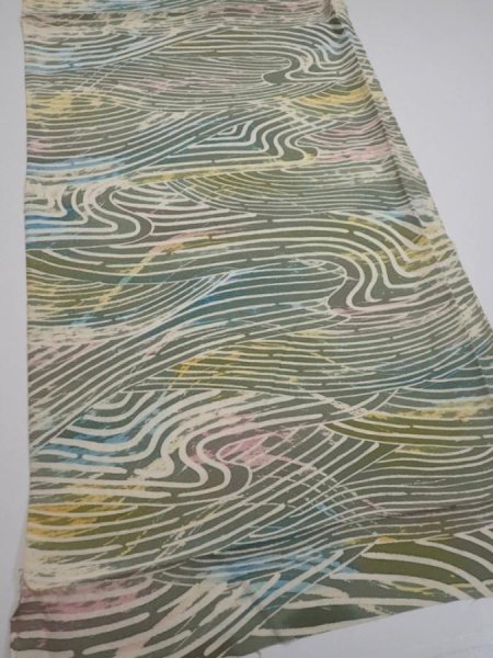 Photo2: 3H02z60  Japanese Kimono Silk  FABRIC Wave Olive 45.7x14.2 (2)
