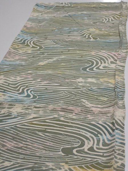 Photo3: 3H02z60  Japanese Kimono Silk  FABRIC Wave Olive 45.7x14.2 (3)