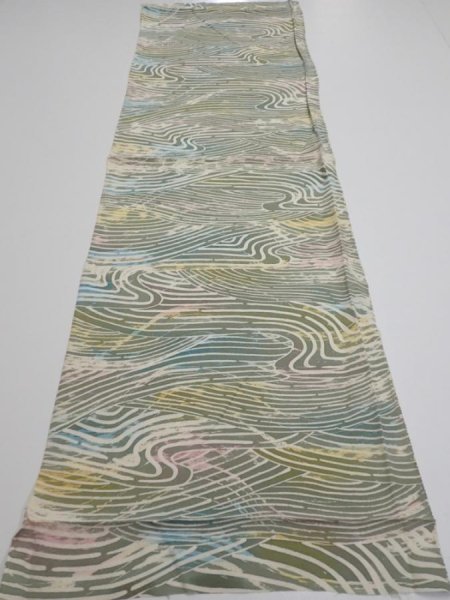 Photo5: 3H02z60  Japanese Kimono Silk  FABRIC Wave Olive 45.7x14.2 (5)