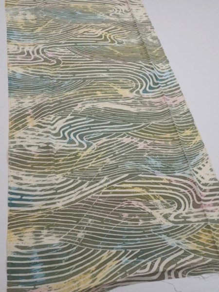 Photo2: 3H04z90  Japanese Kimono Silk  FABRIC Wave Olive 64.6x14.0 (2)