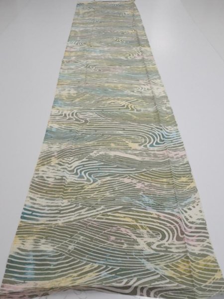 Photo5: 3H04z90  Japanese Kimono Silk  FABRIC Wave Olive 64.6x14.0 (5)