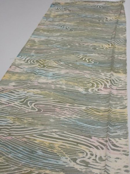 Photo3: 3H05z90  Japanese Kimono Silk  FABRIC Wave Olive 65.0x14.0 (3)