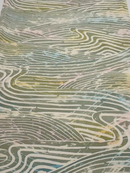 Photo1: 3H06z60  Japanese Kimono Silk  FABRIC Wave Olive 41.7x14.0 (1)