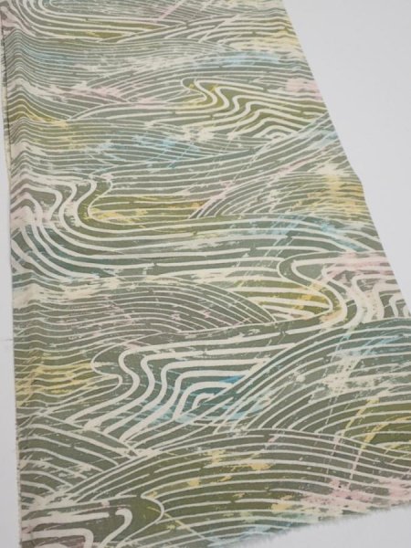 Photo2: 3H06z60  Japanese Kimono Silk  FABRIC Wave Olive 41.7x14.0 (2)