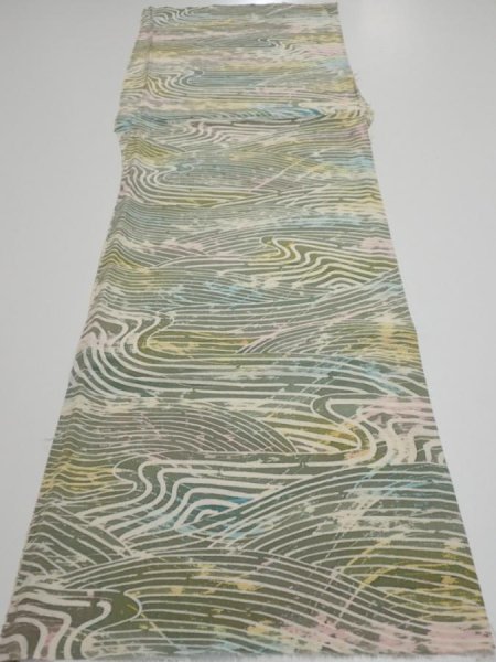 Photo5: 3H06z60  Japanese Kimono Silk  FABRIC Wave Olive 41.7x14.0 (5)