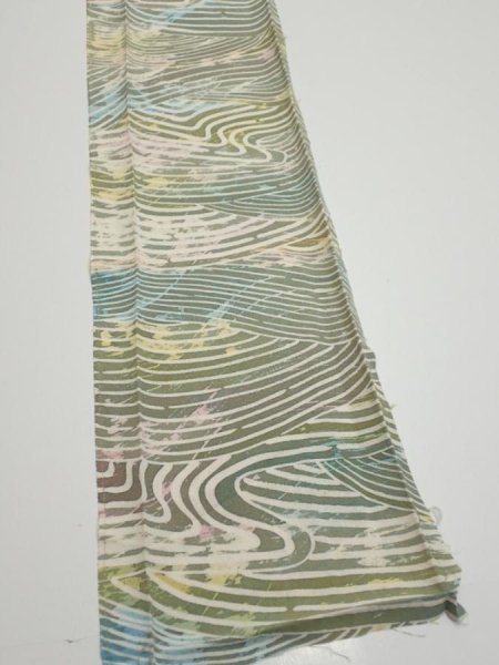 Photo2: 3H08z50  Japanese Kimono Silk  FABRIC Wave Olive 55.9x7.3 (2)