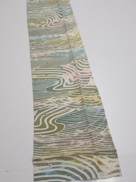 Photo2: 3H09z60  Japanese Kimono Silk  FABRIC Wave Olive 81.9x6.7 (2)