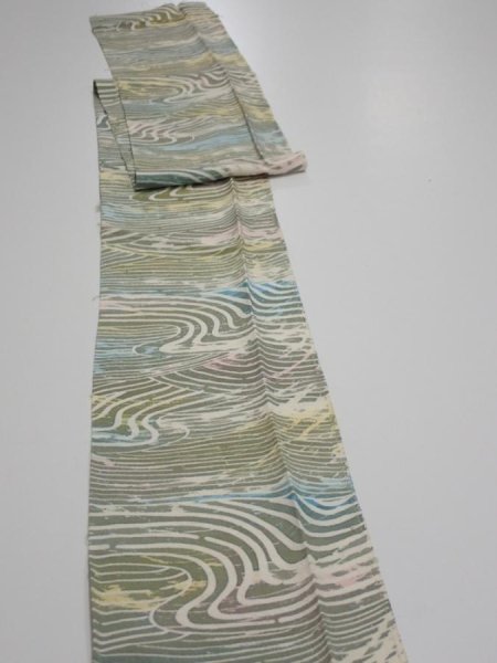 Photo3: 3H09z60  Japanese Kimono Silk  FABRIC Wave Olive 81.9x6.7 (3)