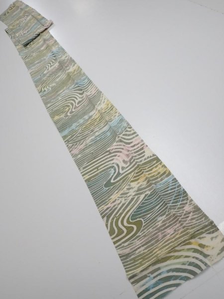 Photo5: 3H09z60  Japanese Kimono Silk  FABRIC Wave Olive 81.9x6.7 (5)