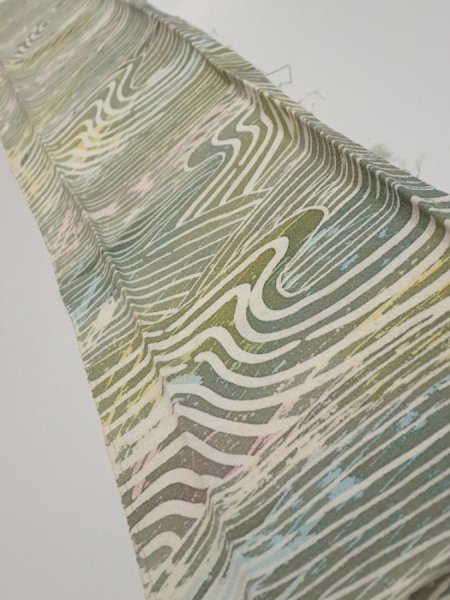 Photo2: 3H10z30  Japanese Kimono Silk  FABRIC Wave Olive 33.9x6.5 (2)