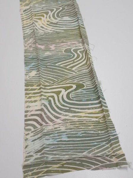 Photo3: 3H10z30  Japanese Kimono Silk  FABRIC Wave Olive 33.9x6.5 (3)