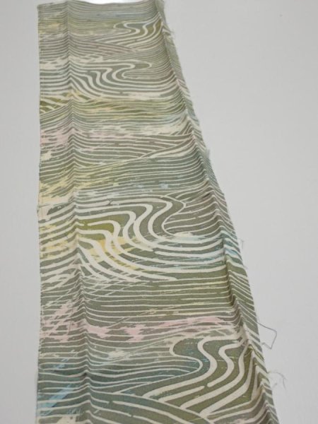 Photo4: 3H10z30  Japanese Kimono Silk  FABRIC Wave Olive 33.9x6.5 (4)