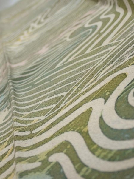 Photo5: 3H10z30  Japanese Kimono Silk  FABRIC Wave Olive 33.9x6.5 (5)