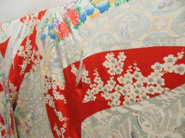 Photo2: 5423T10z1150 Vintage Japanese Kimono Silk FURISODE Peony Tomato red (2)