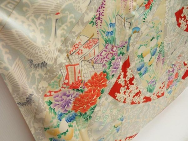 Photo3: 5423T10z1150 Vintage Japanese Kimono Silk FURISODE Peony Tomato red (3)