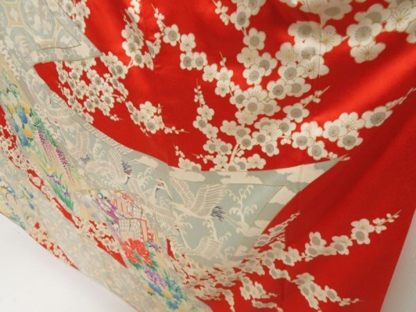 Photo4: 5423T10z1150 Vintage Japanese Kimono Silk FURISODE Peony Tomato red (4)