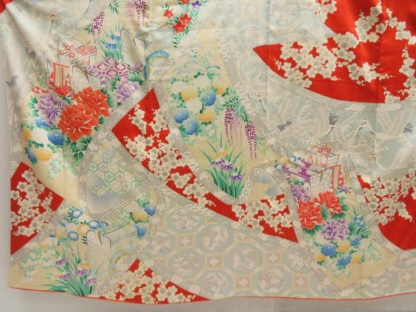 Photo5: 5423T10z1150 Vintage Japanese Kimono Silk FURISODE Peony Tomato red (5)