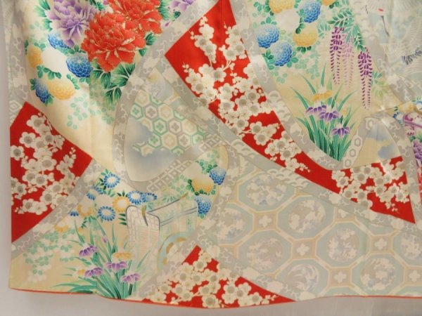 Photo6: 5423T10z1150 Vintage Japanese Kimono Silk FURISODE Peony Tomato red (6)