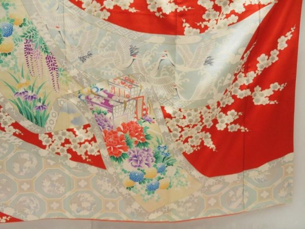 Photo7: 5423T10z1150 Vintage Japanese Kimono Silk FURISODE Peony Tomato red (7)