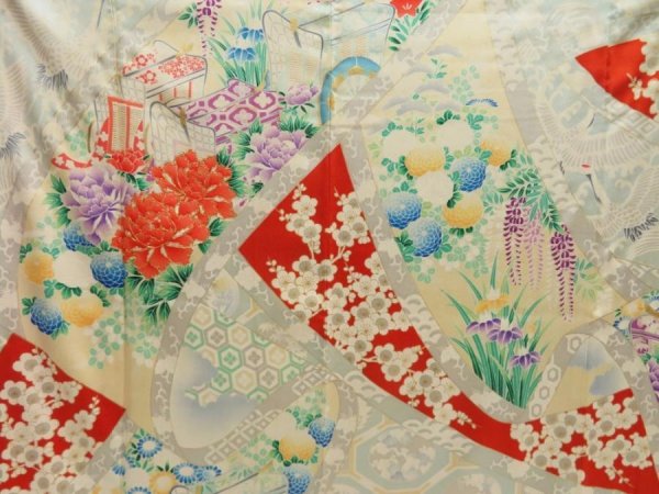Photo8: 5423T10z1150 Vintage Japanese Kimono Silk FURISODE Peony Tomato red (8)
