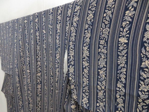 Photo2: 5423T03z640 Vintage Japanese Kimono Silk KOMON Flower Navy (2)