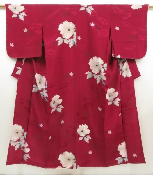 Photo1: 5423T04z630 Vintage Japanese Kimono Silk KOMON Flower Wine red (1)