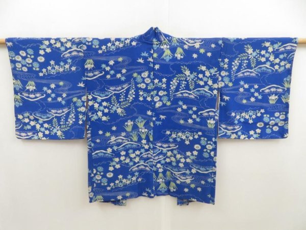 Photo1: 5427T03z470 Vintage Japanese Kimono Jinken HAORI Flowers Oriental blue (1)