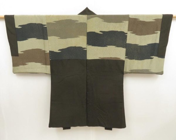 Photo2: 5427T05z480 Vintage Japanese Kimono Silk Men's HAORI  Olive-Brown (2)