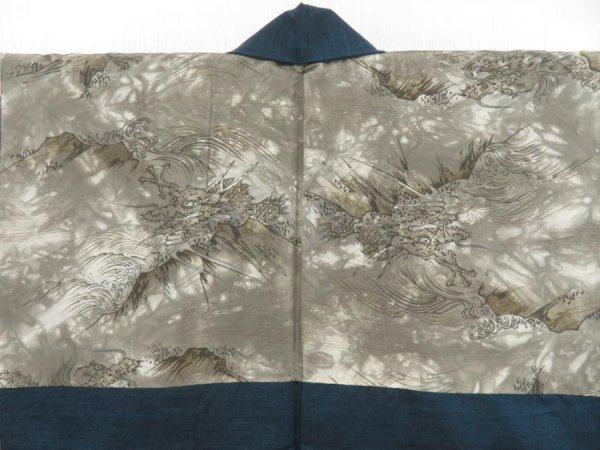 Photo2: 5427T06z550 Vintage Japanese Kimono Silk Men's HAORI Dragon Dark cyan blue (2)