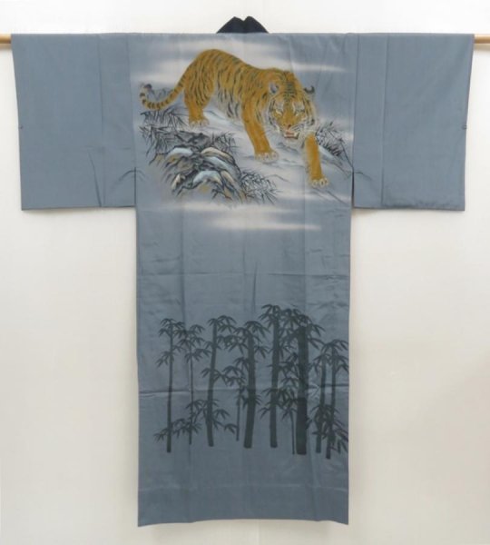 Photo1: 5427T10z310 Vintage Japanese Kimono Synthetic Men's JUBAN Tiger Blue-Gray (1)