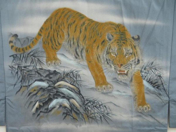 Photo3: 5427T10z310 Vintage Japanese Kimono Synthetic Men's JUBAN Tiger Blue-Gray (3)